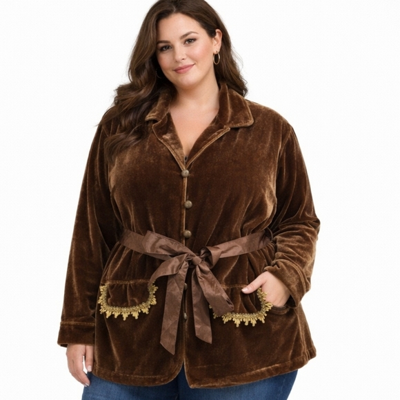 Selene Sport Jackets & Blazers - Vintage Selene Velvet Jacket 3X Brown Embellished Trim Belted Boho Statement